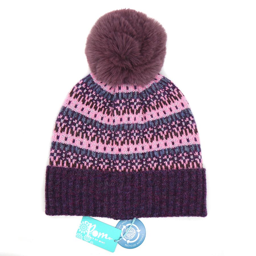 POM Purple mix Fair Isle bobble hat with recycled yarn