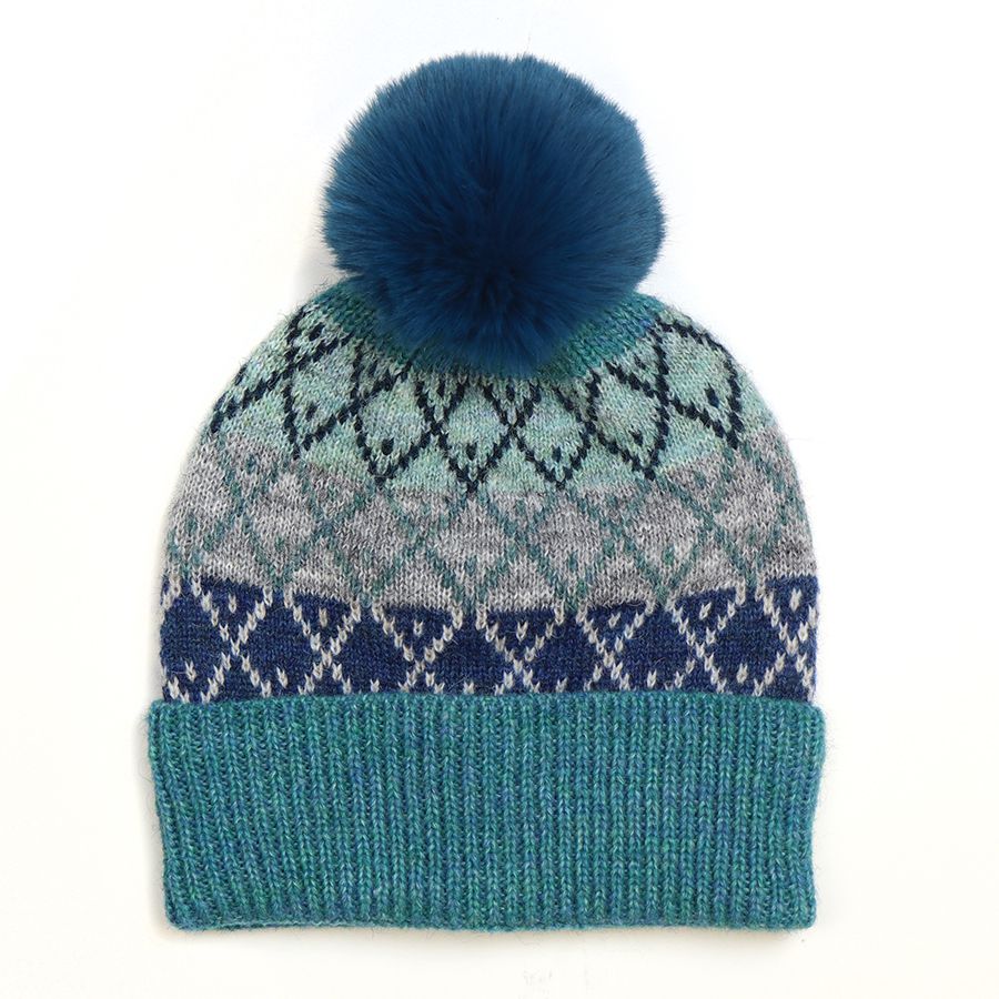 POM Blue mix wool and recycled yarn diamond knit bobble hat