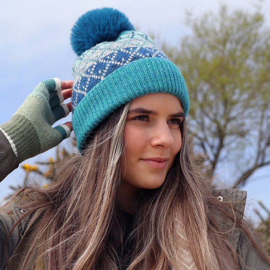 POM Blue mix wool and recycled yarn diamond knit bobble hat