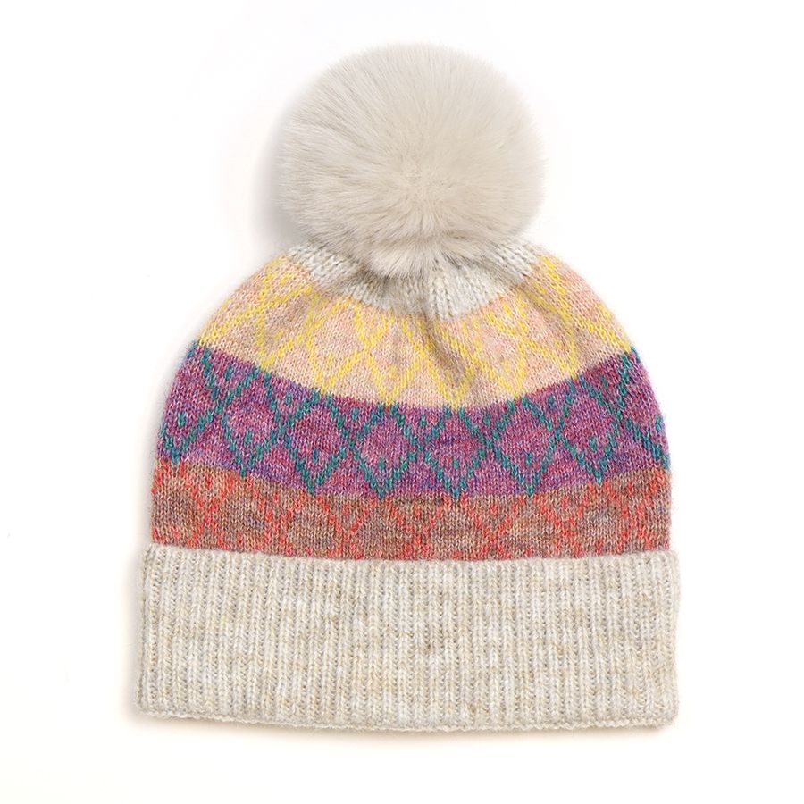 POM Beige mix wool and recycled yarn diamond knit bobble hat