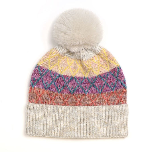 POM Beige mix wool and recycled yarn diamond knit bobble hat