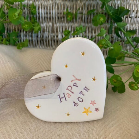 Handmade Hanging Ceramic Heart with Thoughtful Message - 40th Birthday