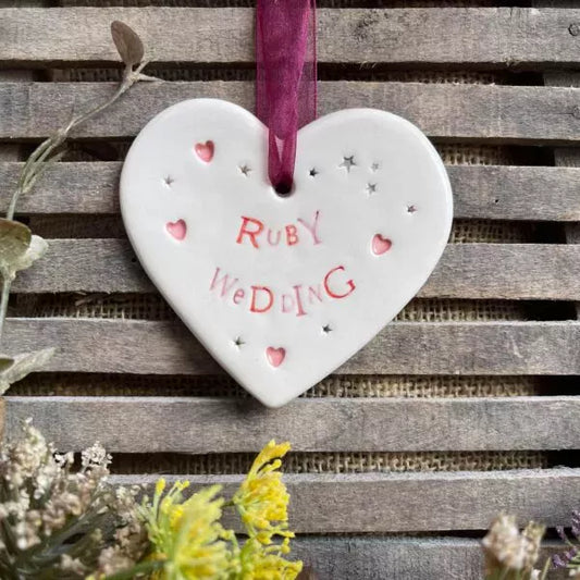 Handmade Hanging Ceramic Heart with Thoughtful Message - 40th Ruby Wedding Anniversary