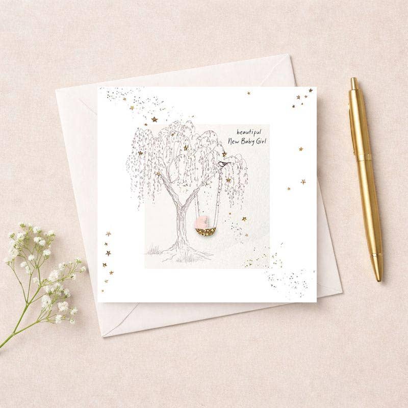 New Baby Girl Card - Basket In A Tree