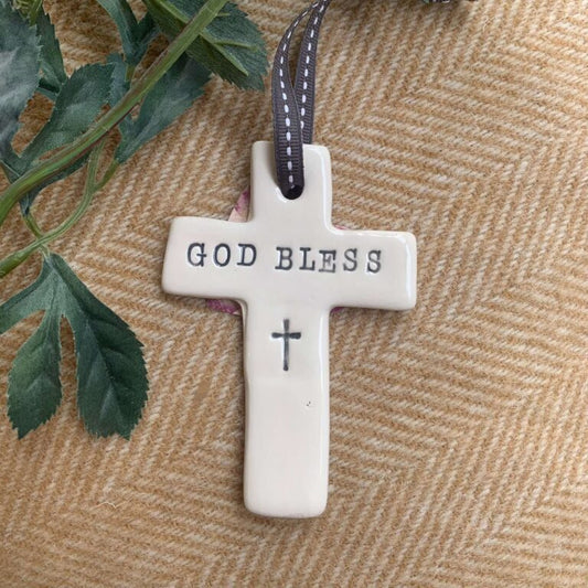 Handmade Hanging Ceramic Cross God Bless
