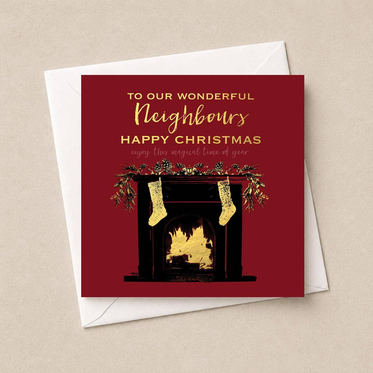 Neighbours Christmas Card - Fireplace, Stockings & Foliage