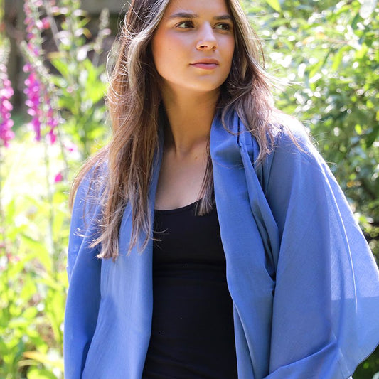 Peace Of Mind (POM) Organic Cotton Lightweight Scarf – Blue. Available at Sweet P, Burnside, Glasgow