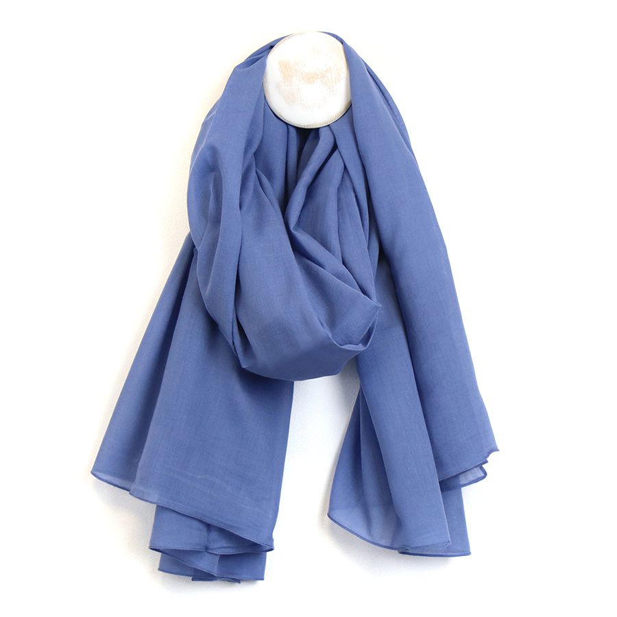 Peace Of Mind (POM) Organic Cotton Lightweight Scarf – Blue. Available at Sweet P, Burnside, Glasgow