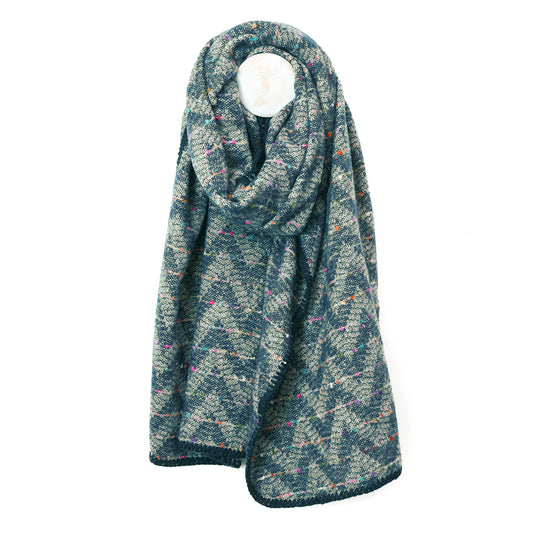Tara teal mix chevron weave stitch detail triangle scarf