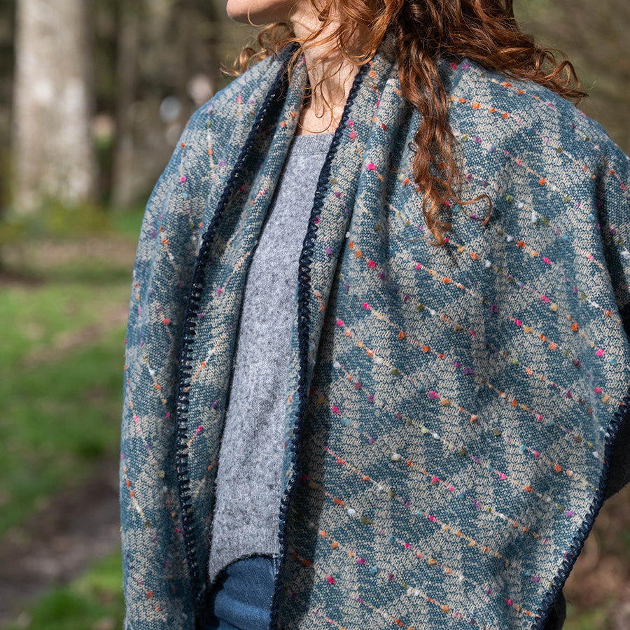 Tara teal mix chevron weave stitch detail triangle scarf