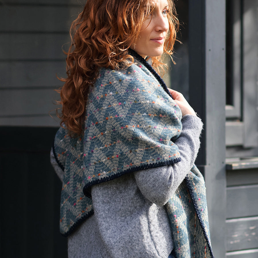 Tara teal mix chevron weave stitch detail triangle scarf