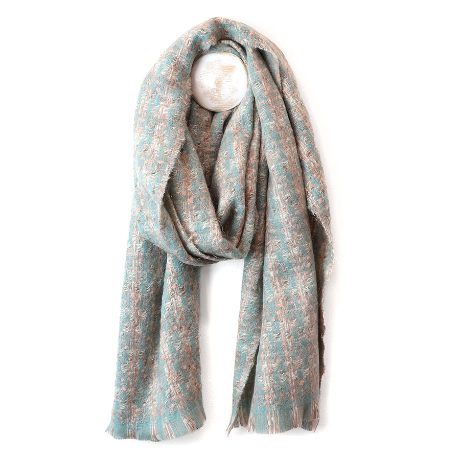 Sienna duck egg and salmon pink check weave scarf with metallic thread