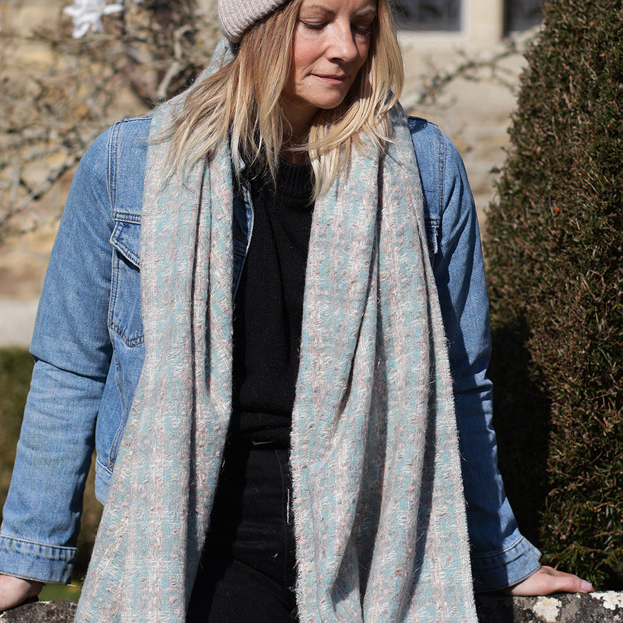 Sienna duck egg and salmon pink check weave scarf with metallic thread