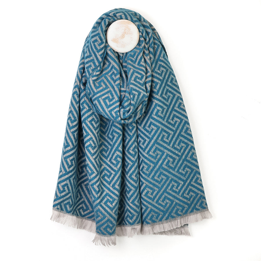 Frankie teal reversible geometric weave scarf