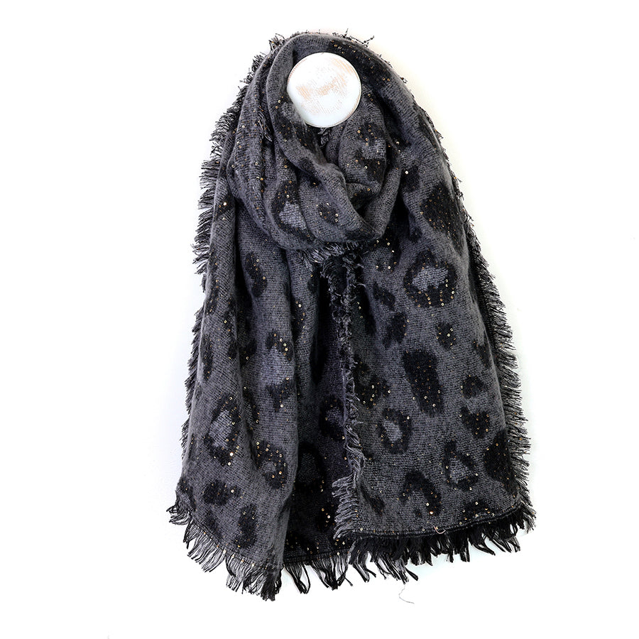 Lottie grey mix animal print sequin scarf with frayed edges