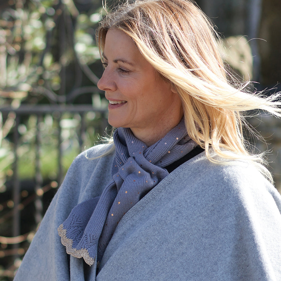 Yasmin dusty blue metallic spot knit pull through scarf
