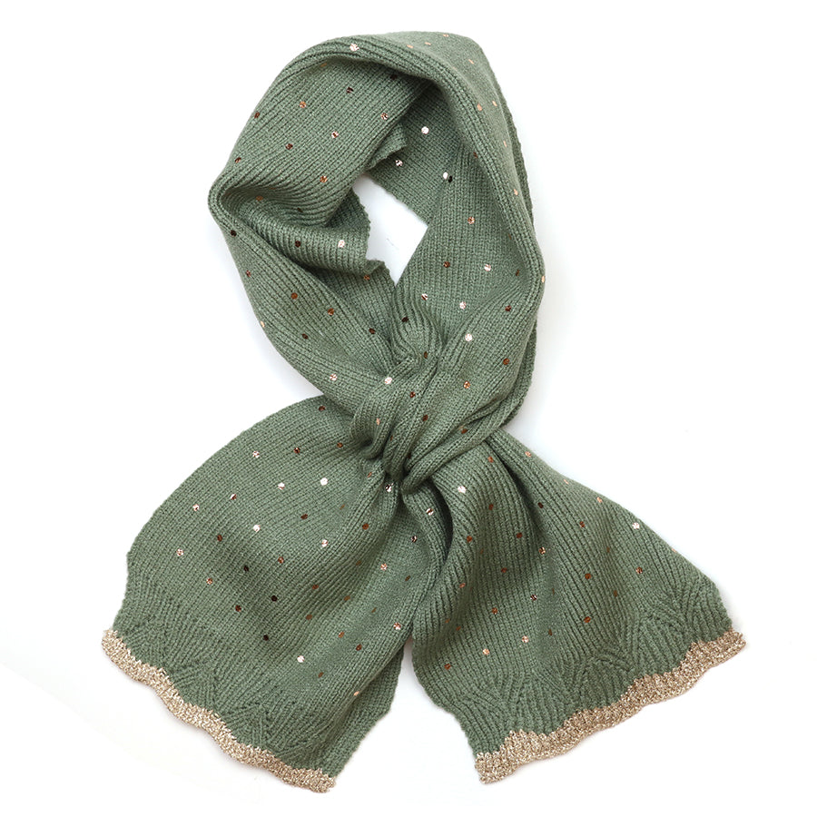 Yasmin sage green metallic spot knit pull through scarf