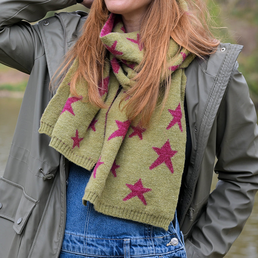 Estelle olive and magenta reversible star scarf