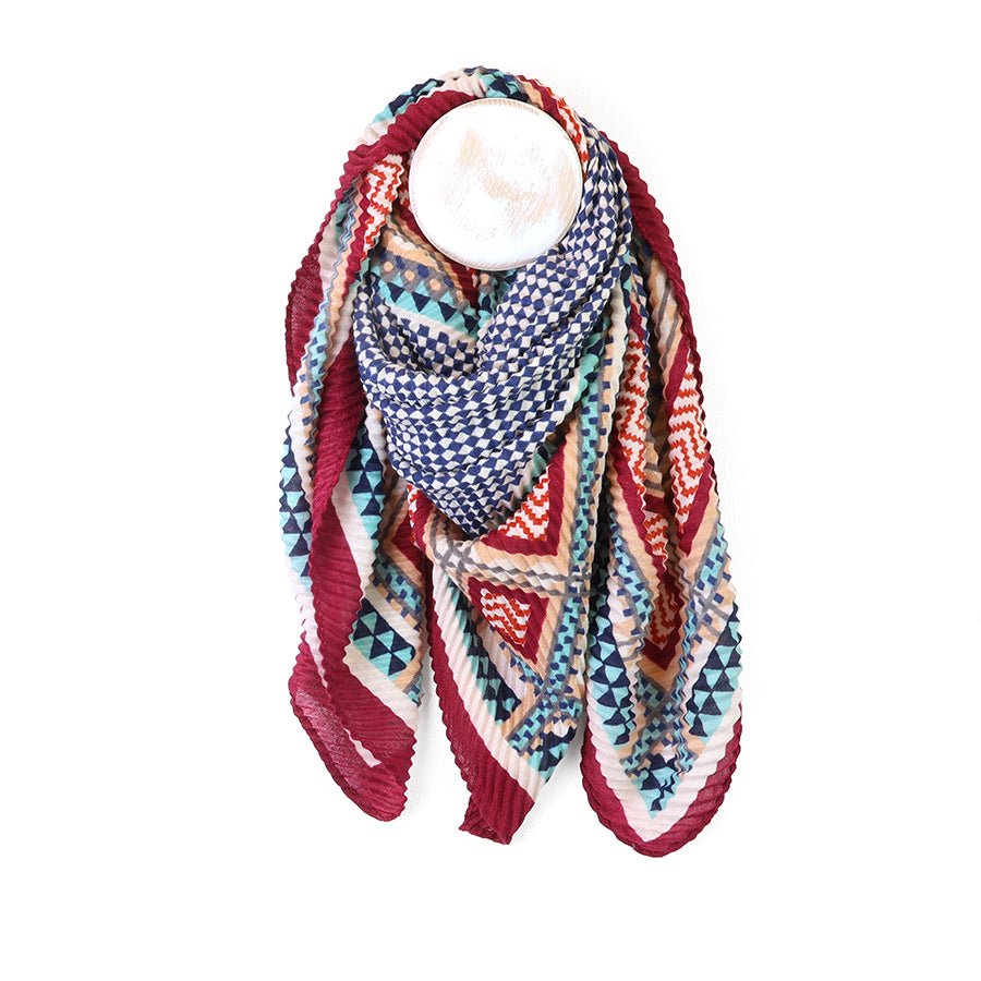 Square wine/ecru/blue mix crinkle scarf