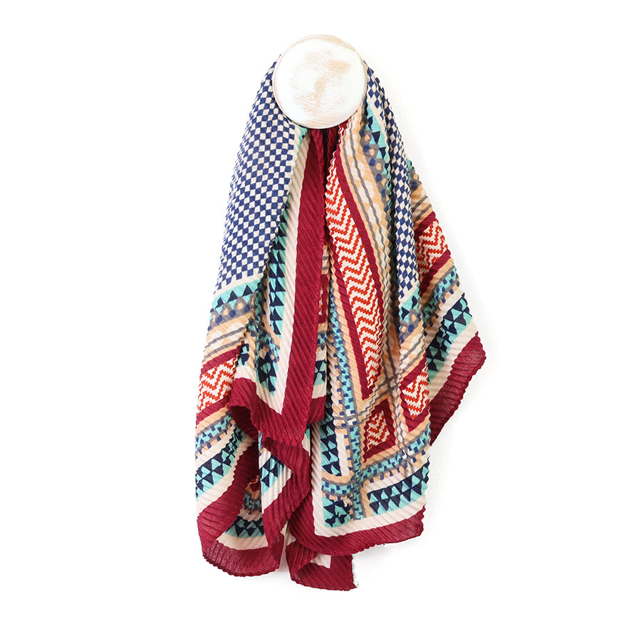 Square wine/ecru/blue mix crinkle scarf