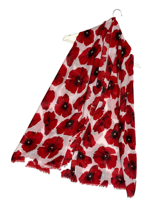 Bold Red Poppy Print Frayed Scarf - 2 colour options