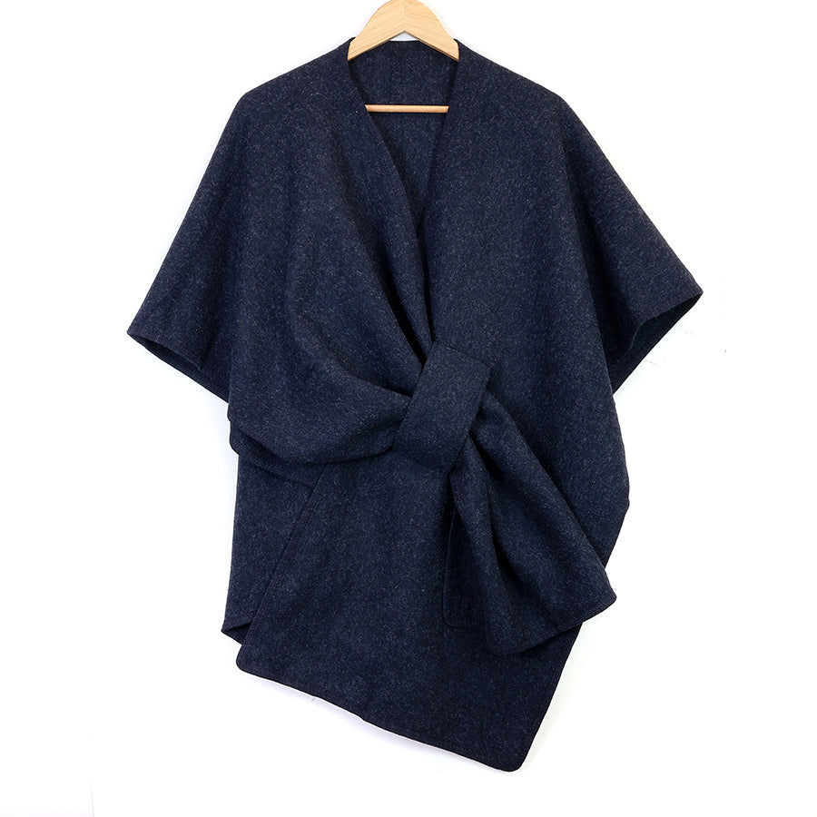 Amelia navy self tie cotton/wool blend poncho
