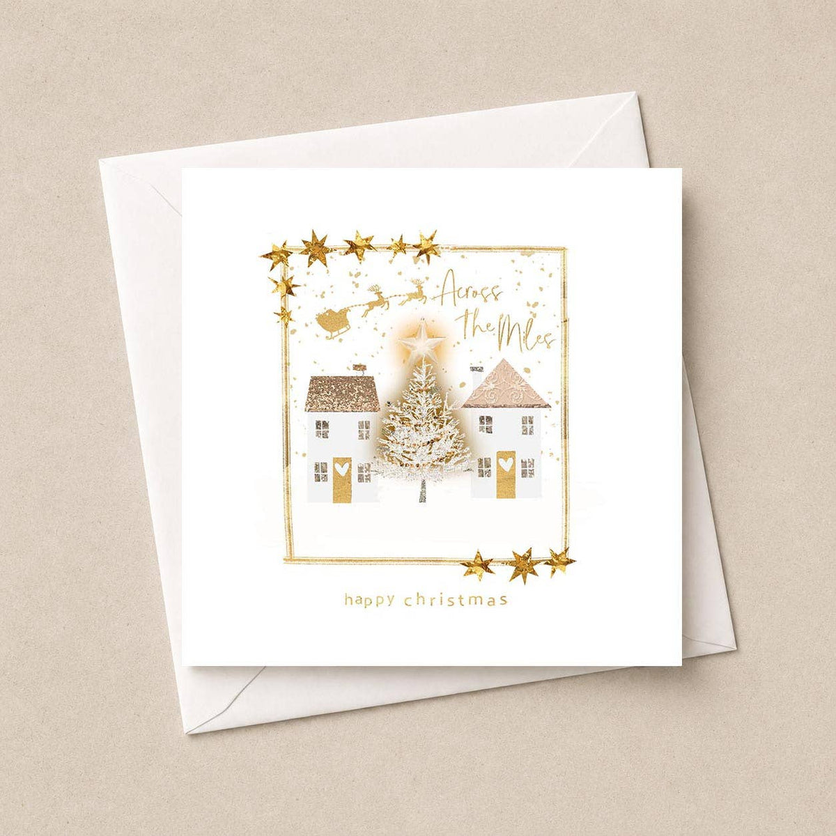 Across The Miles Christmas Card - Snowy Houses & Tree