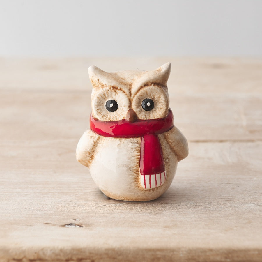 Rustic Owl with Red Scarf Decoration, 9.5cm