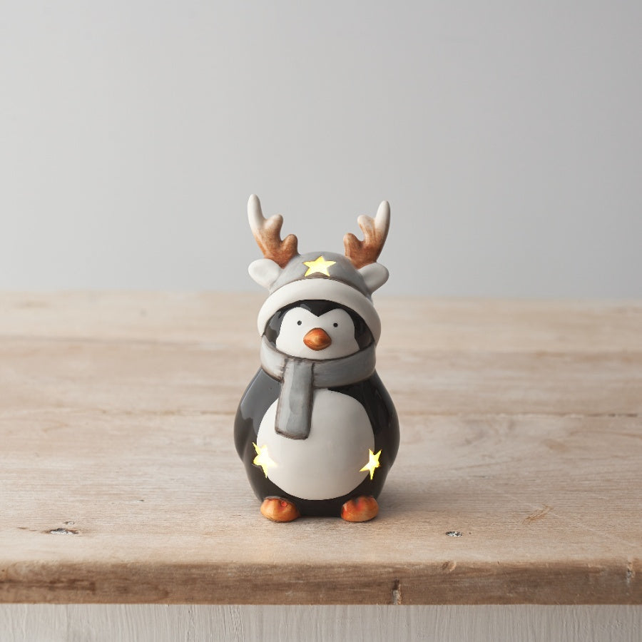 Ceramic Penguin Ornament with Glossy Glaze & LED Lights