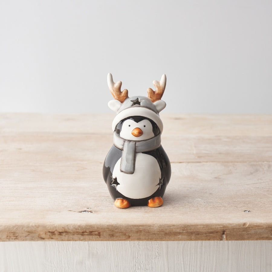 Ceramic Penguin Ornament with Glossy Glaze & LED Lights