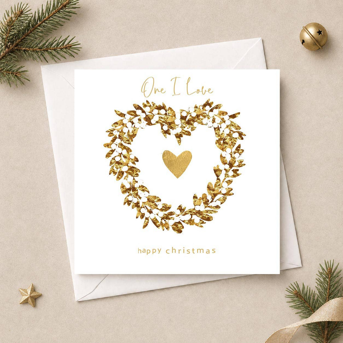 One I Love Christmas Card - Gold Heart Wreath With Mistletoe