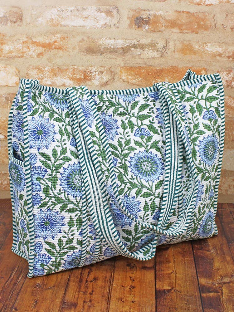 Quilted Cotton Tote Bag – Blue & Green