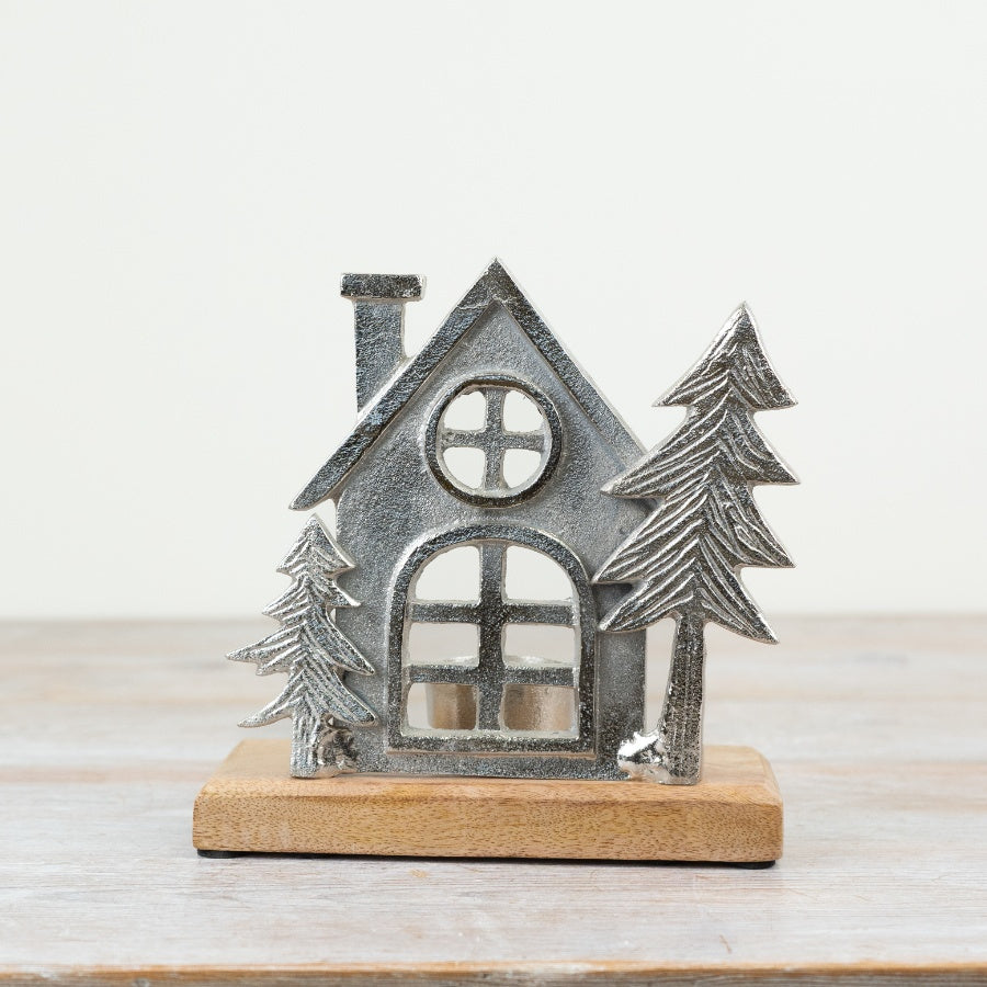 Tealight House on Wooden Base, 15cm