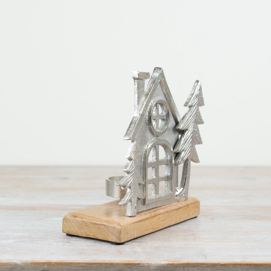 Tealight House on Wooden Base, 15cm