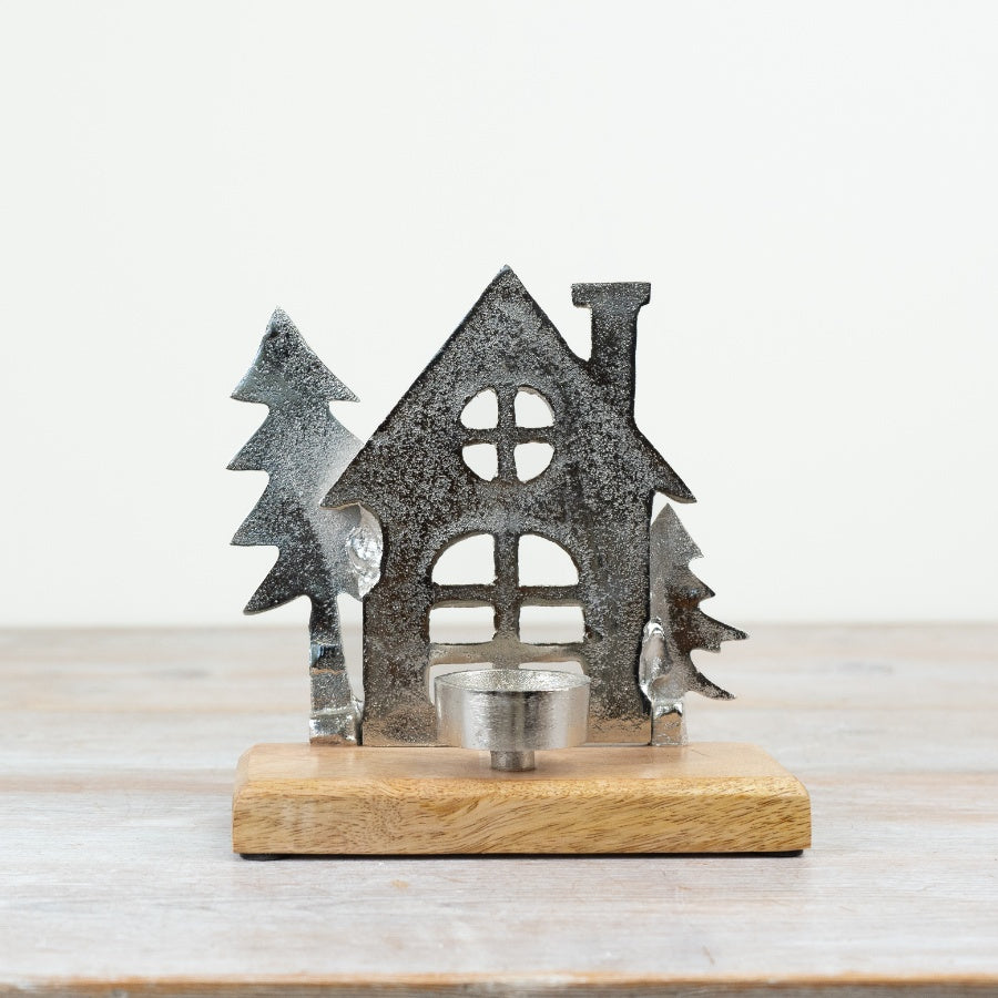 Tealight House on Wooden Base, 15cm
