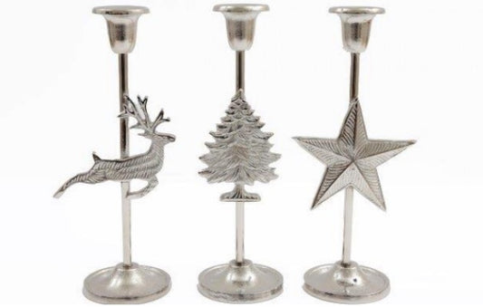 Silver Festive Candle Holders - Deer, Christmas Tree & Star Designs