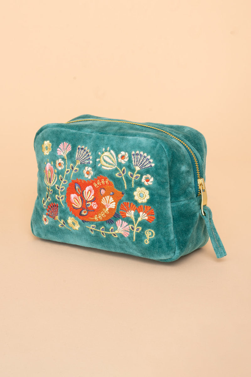 Powder Velvet Embroidered Make-Up Bag - Folk Art Hedgehog, Aqua