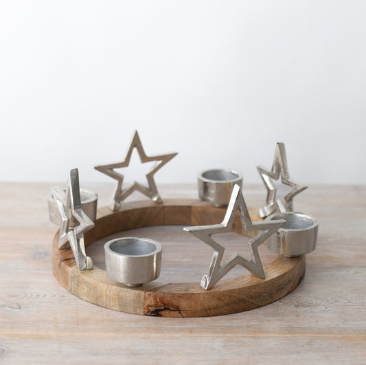 Wooden Ring with Star & Tealight Holder 25cm