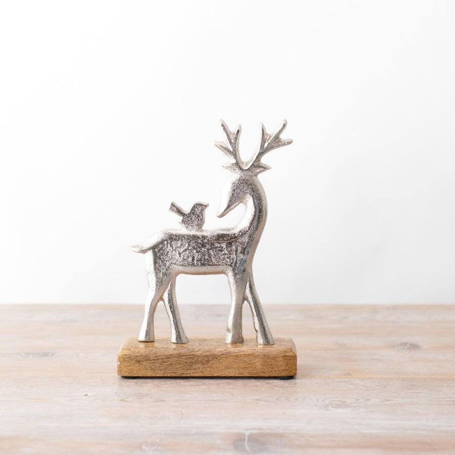 Silver Reindeer Ornament on Wooden Base, 22cm