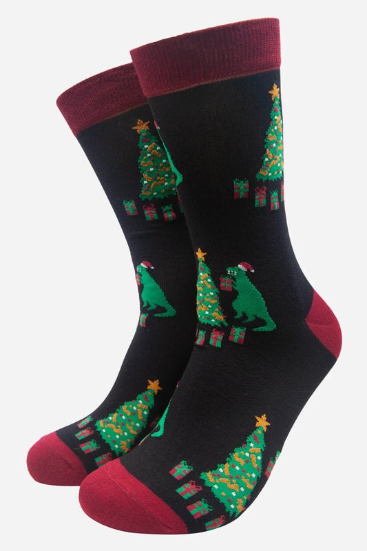 Mens Bamboo Socks - Christmas T-Rex