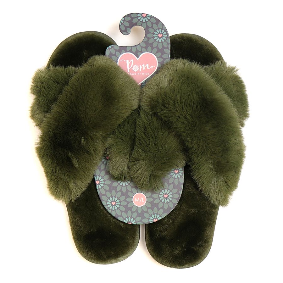 POM Olive green fluffy faux fur slippers