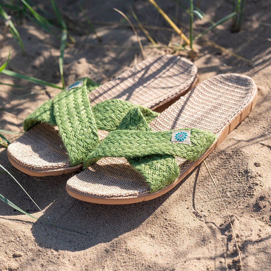 Olive Green Linen Summer Sliders - Stylish Comfort by Peace of Mind (POM). Available at Sweet P, Burnside, Glasgow