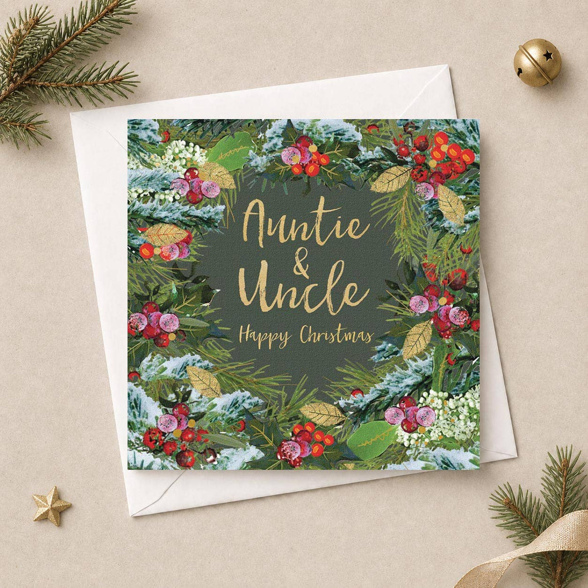 Auntie And Uncle Christmas Card - Robin & Foliage Wreath