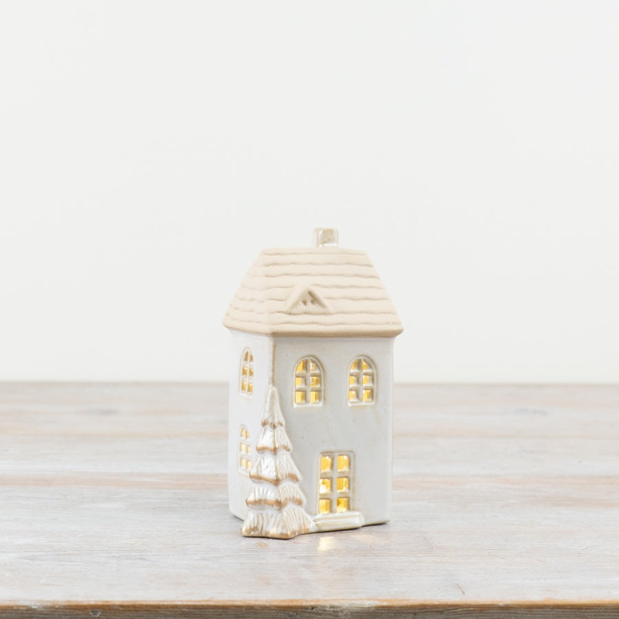 White LED Christmas House with Gold Detail, 14cm