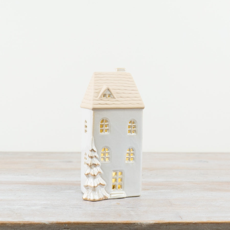White LED Festive House with Gold Detail