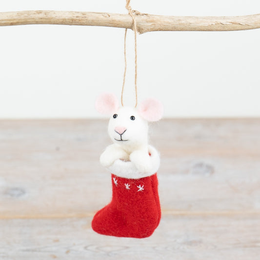 Felt Mouse In Stocking Hanging Decoration