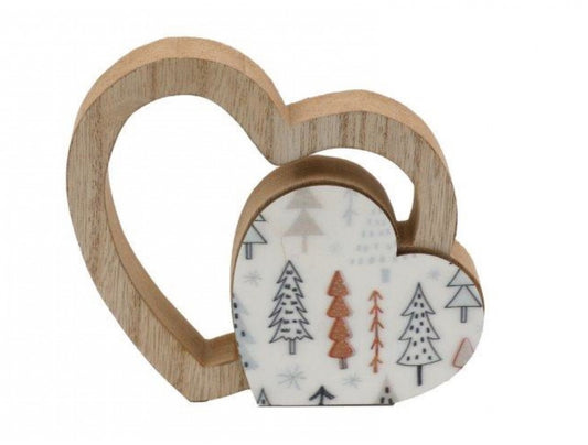 Wooden Heart with Festive Tree Print