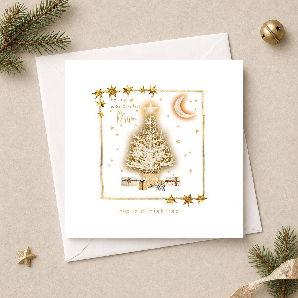 Mum Christmas Card - Gold Tree Under Crescent Moon