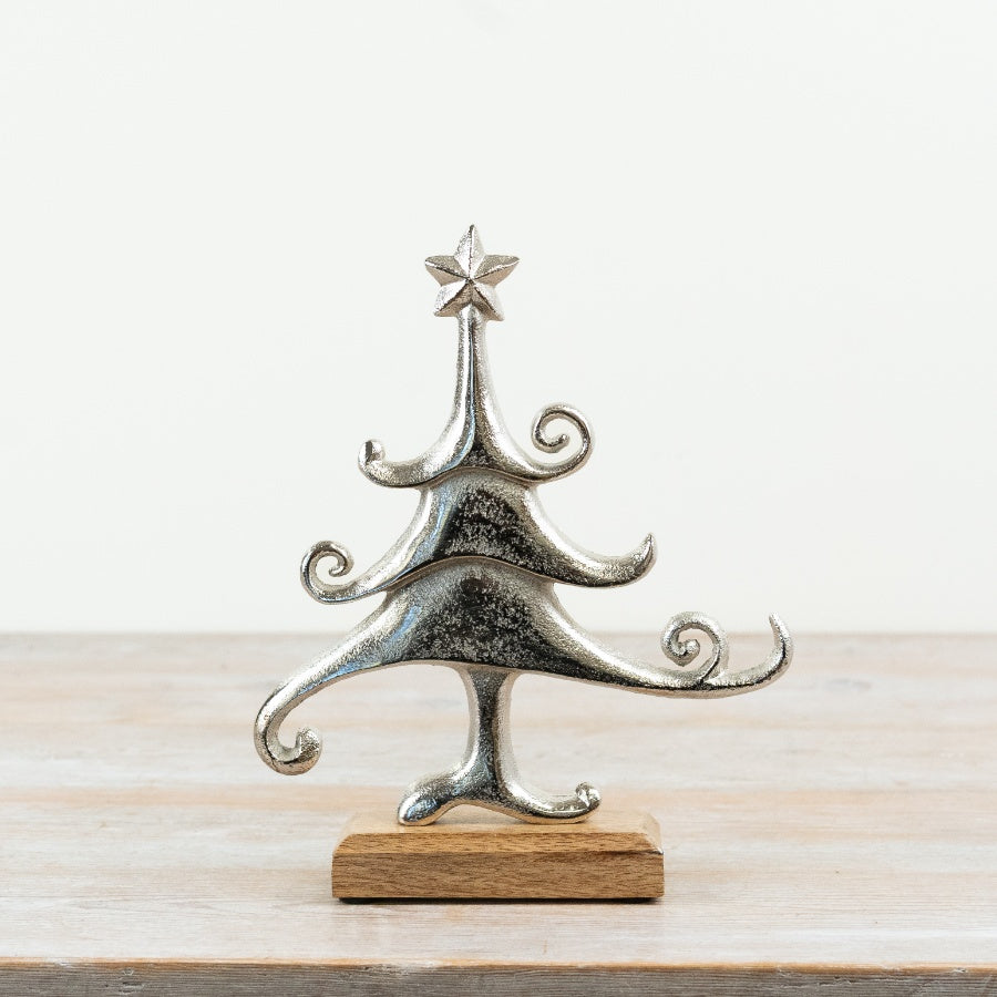 Silver Aluminium Christmas Tree on Wooden Base, 21cm