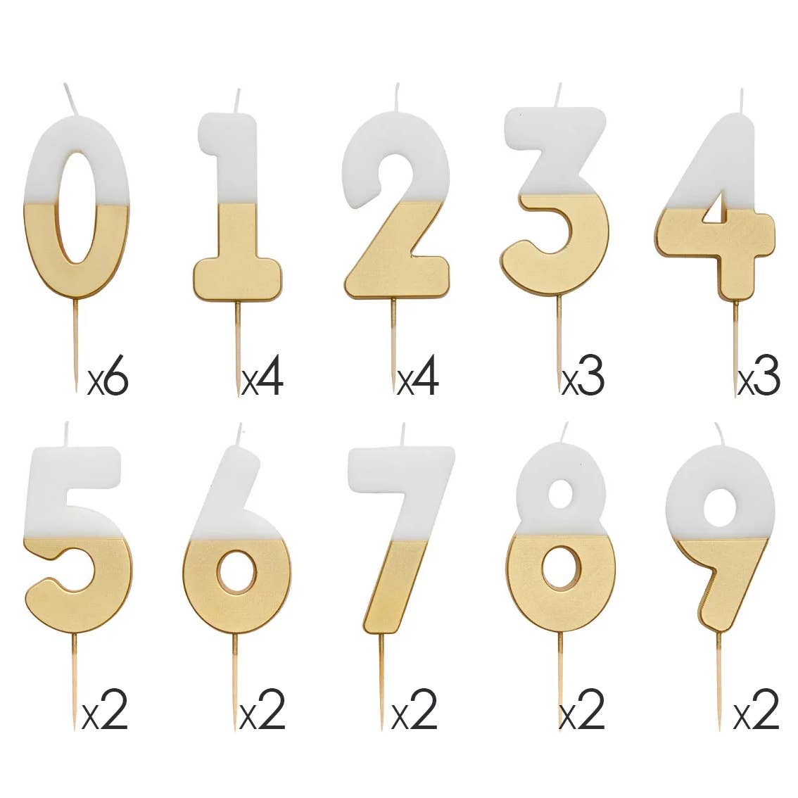 White & Gold Number Birthday Candles Set| 0-9 | 30 Pack |